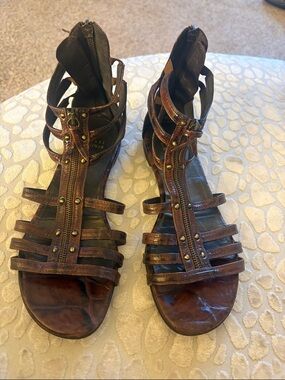 Stuart Weitzman Brown Strappy Gladiator Sandals with Stud Details